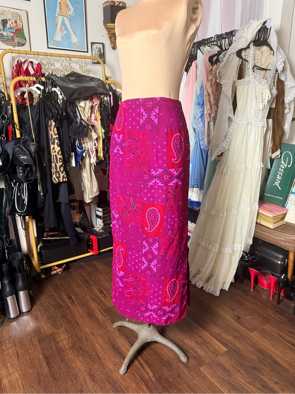 Vintage 1990’s Vibrant Magenta Paisley Patchwork Midi Skirt Fairycore Whimsigoth